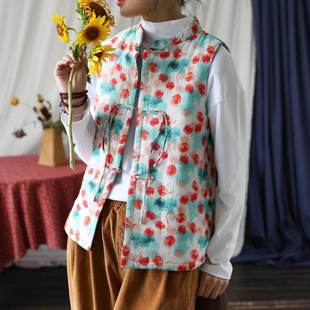 Johnature Gilet da donna vintage con bottoni cappotti con stampa floreale e vestiti in cotone Gilet da donna in stile cinese primaverile