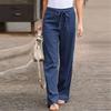 Fashion Women Solid Cotton Linen Sashes Straight Casual Long Pants Trousers