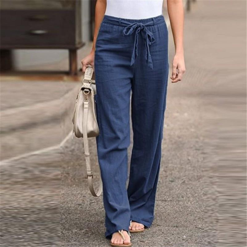 Fashion Women Solid Cotton Linen Sashes Straight Casual Long Pants Trousers