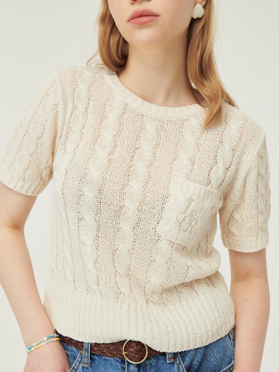 Rosiro Cable Poket Half Sleeve Knit [Cream] Free