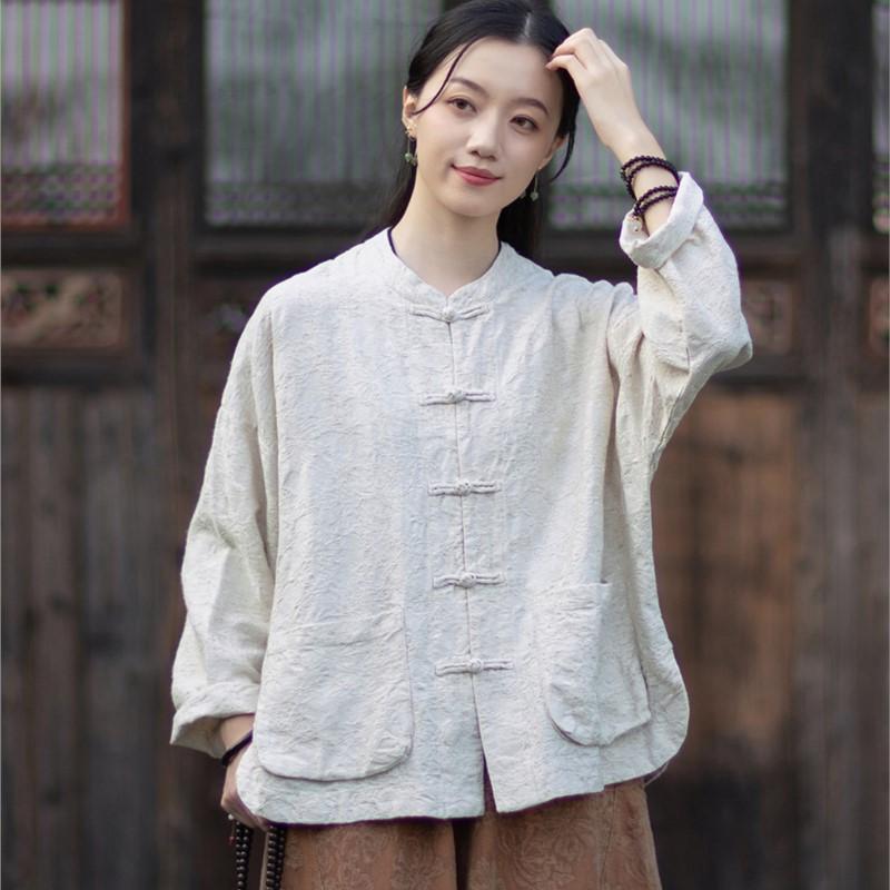Johnature Women Vintage Jacquard Shirts Tops Stand Long Sleeve Pockets Blouse Autumn Chinese Style Shirts