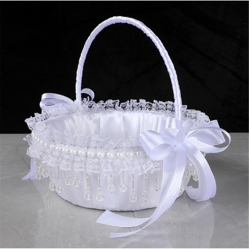 Elegant Crystal Pearls Tassels Basket For Wedding Party Decorations Handcrafted Floral Container With Silk Fabric