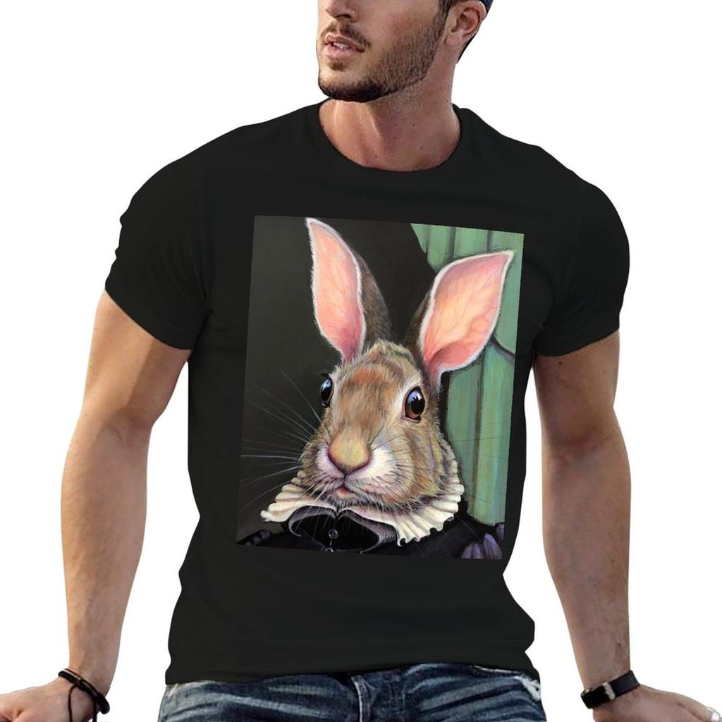 A Rabbit Most True - Royal Rabbit Portrait T-Shirt Basic Solid Color Short Sleeve Cotton Top