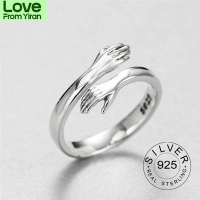 Resizable 925 Sterling Silver Ring Trendy Gold Fine Jewelry Open Adjustable Antique Rings Hands Hug Shaped Loop For Women Kofo