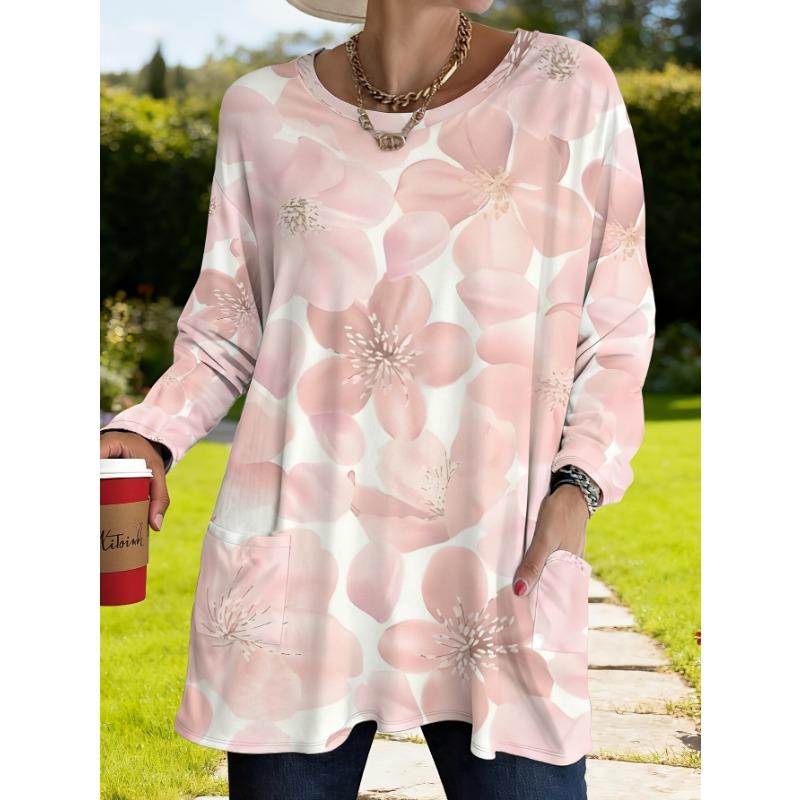 Women s XL Pink Cherry Blossom Print Long Sleeve Loose Top with Pockets S
