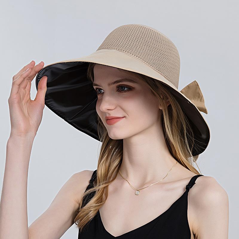 Fashion Bowknot Sun Hats For Women Summer UV Protection Bucket Hat Outdoor Female Hollow Out Straw Beach Caps Panama Hat