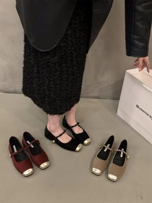 Flat French Black Mary Jane Single Shoes Fairy Shoes Red Evening Gentle Shoes Large Size Women's Shoes 41-43