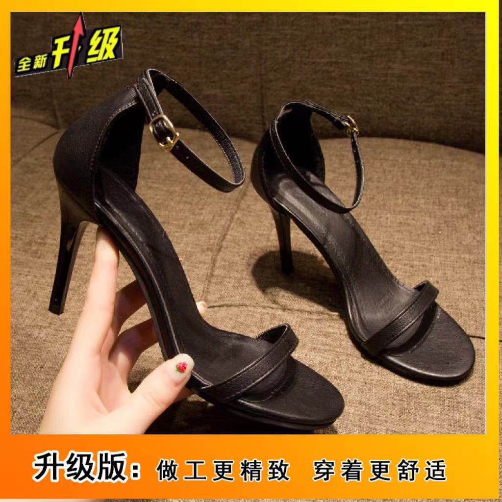 2025 summer new one-word buckle with sandals women's thin heels open-toed temperament high heels soft leather women's shoes ins tide