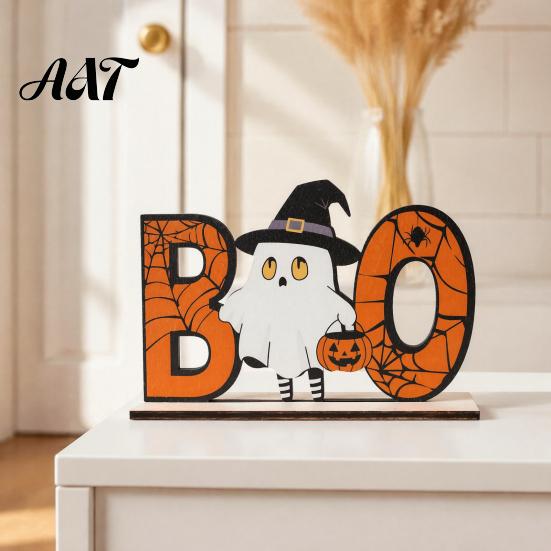 Decorative Fall Table Sign Halloween Wooden Sign, Cute Pumpkin Boo Ghost Holiday Window Display Ornament Tabletop Centerpiece for Indoor Mantel