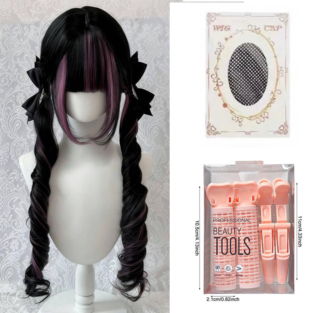 Black Wig with Pink Cosplay Wigs with Bangs  Lolita Long Curly Hair Wig Woman Party Cosplay Wig Natural Heat Resistant