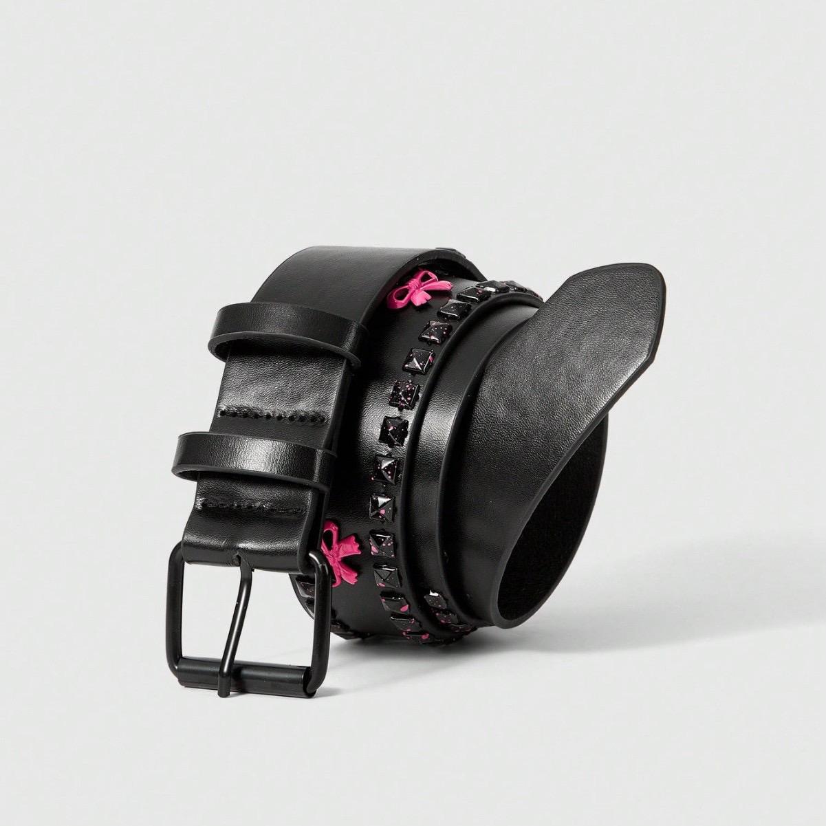 

Pink Bowknot Rivet Black Vintage Pu Leather Belt Woman Metal Buckle Gothic Punk Waist Belt Y2k Accessories 3.8cm 100cm чорний