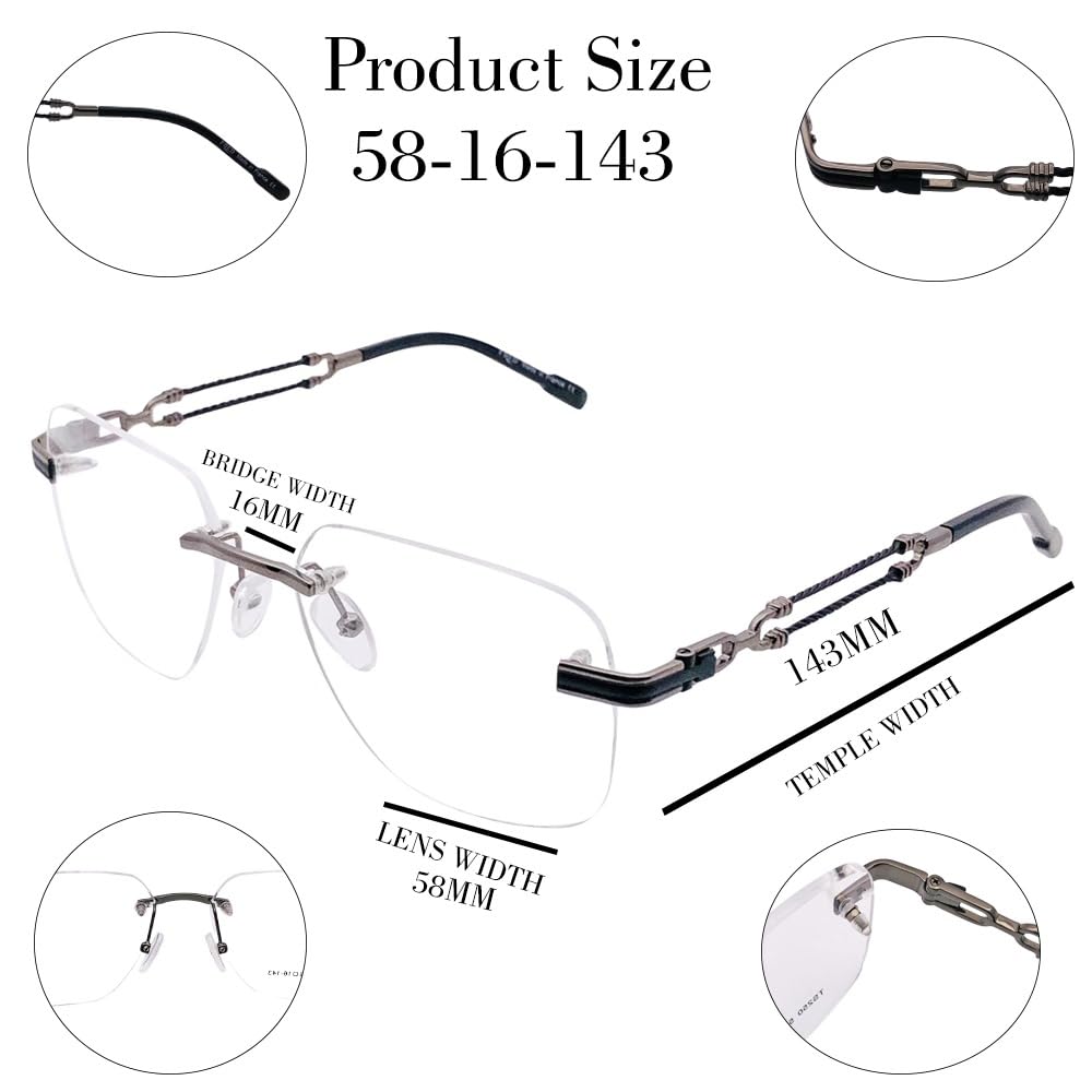 RSINC Rimless Frame | Spectacle Eyeglass Metal Cup For Men & Women for Fashion  TS250 56-16-143 C2 BR 3 (Gun Black) FR Gun Black TS250 C5 | BR 3