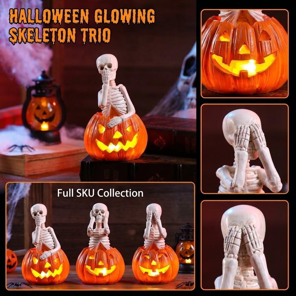 Halloween Decorative Light Up Skeleton Pumpkin Figurines Set of 3 Pieces for Indoor Outdoor Tabletop Display Holiday Theme