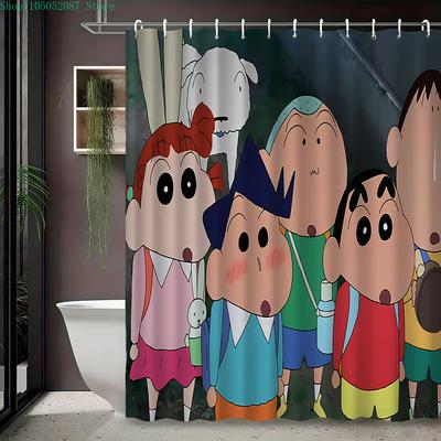 Crayon Shin-Chan & Friends With Shiro 2D Print Waterproof Shower Curtain, Green Anime Bathroom Decor With Hooks