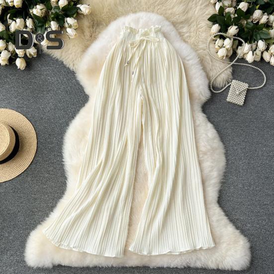 Pantaloni pentru femei cu talie înaltă elastică, cu șnur ajustabil, stil plisat, pantaloni largi, pantaloni casual de culoare solidă