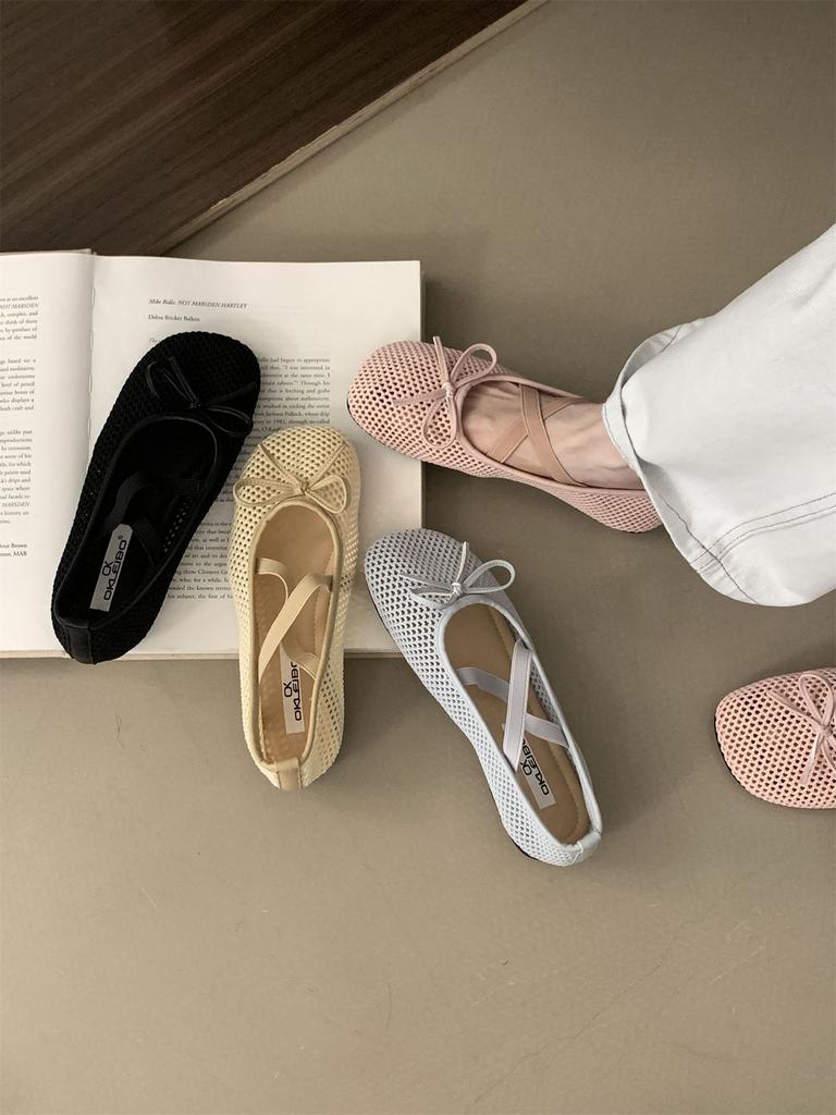 Fashion IPPEUM Mesh Ballet Flats Round Toe Mary Janes Black 2025 New Soft Ballerina Shoes Split Toe