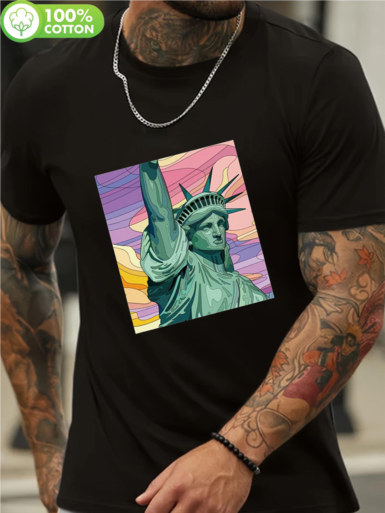 

100% Cotton Statue of Liberty Graphic T-shirt - Soft Breathable Regular Fit Casual Tee with Vibrant Color Block Design for Streetwear S