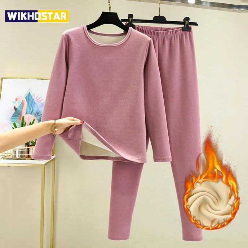 Thickened Fleece Warm Underwear Set for Women Long Sleeve round Neck Pure Cotton Inner Wear Two Piece Set for Autumn Winter