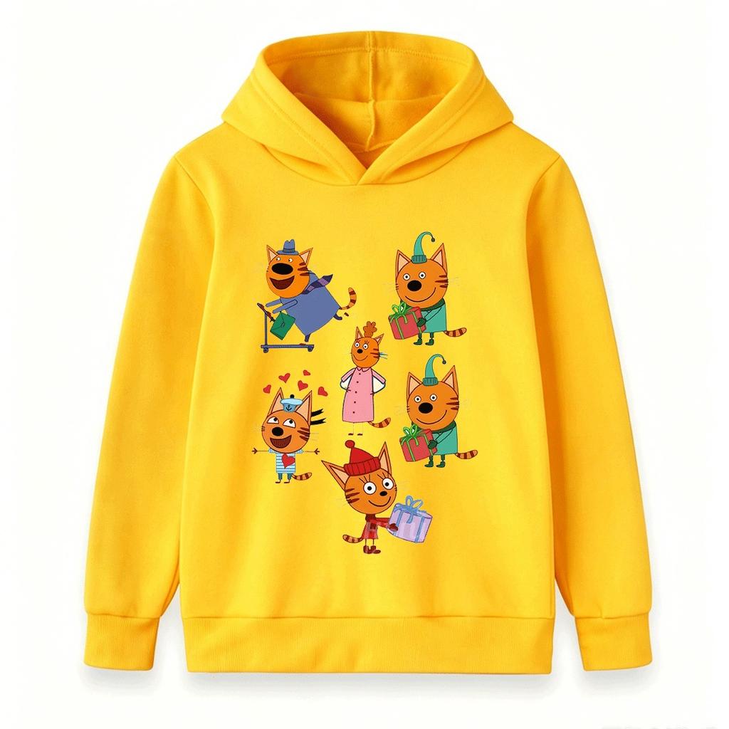 Kids Boys Girls Cartoon Cats Print Hoodie Casual Long Sleeve Pullover Sweatshirt for Daily Holiday Wear