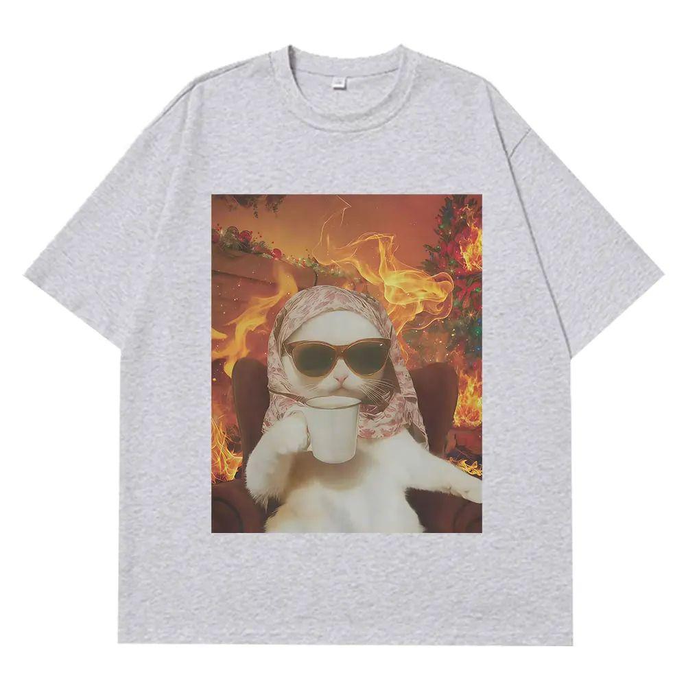 Hiphop Tops I Chill Cat Xmas Funny Cat Meme Tshirt Casual Loose Tshirt Summer Aesthetic Fashion Print Tshirts Unisex
