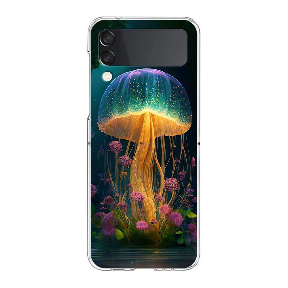 Phone Cover For Samsung Galaxy Z Flip 6 5 4 Case Transparent For Samsung Z Flip 3 Hard PC Foldable Shell Pink Jellyfish Oceanic