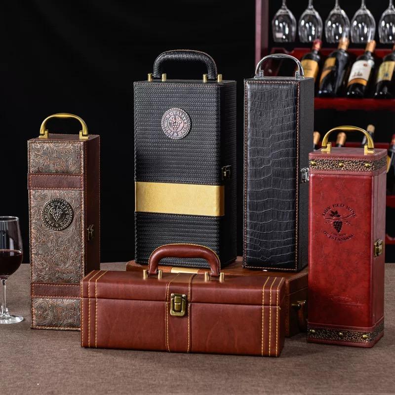 Luxuriöse PU-Leder Weinflaschen Geschenkbox Heimaufbewahrung Organizer Weinflaschenträger Leder Geschenkbox Verpackung Flaschenöffner Set