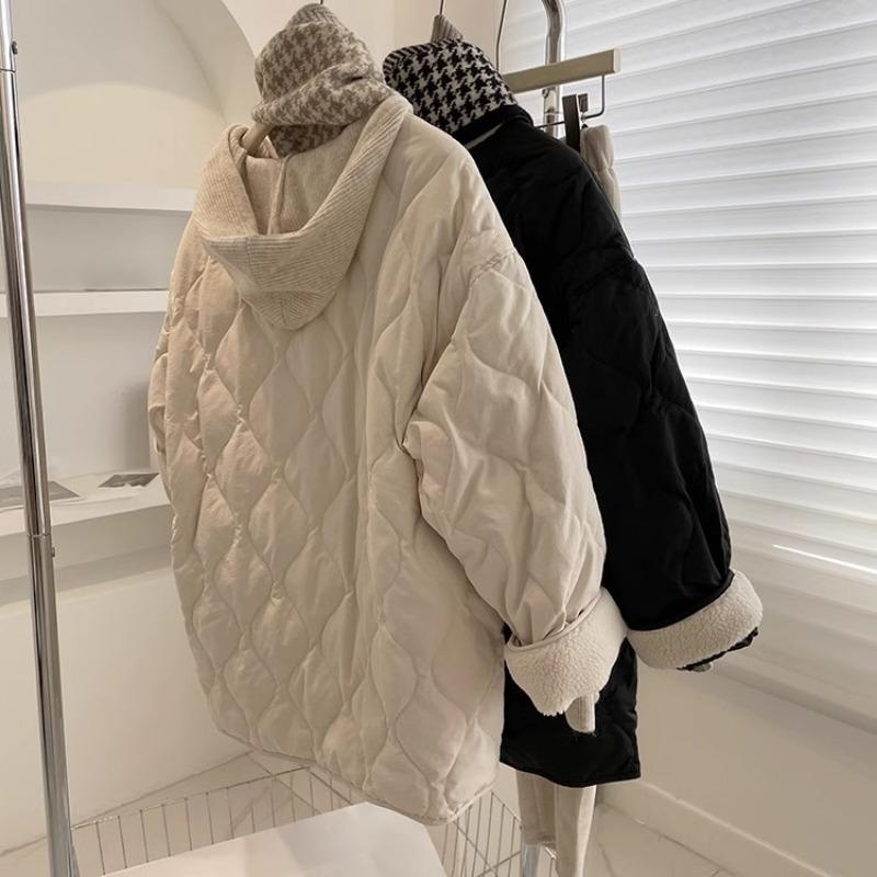Collarless Lamb Wool Splicing Lightweight Diamond Grid Winter Korean Version Loose Small Fragrant Warm Cotton Clothes Cotton Clothes for Women