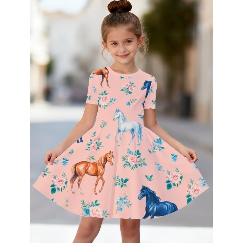 Children's Clothing Girl Cute Funny Animal Horse 3D Printed Graphic Summer Dresses Comfortable Crew Neck