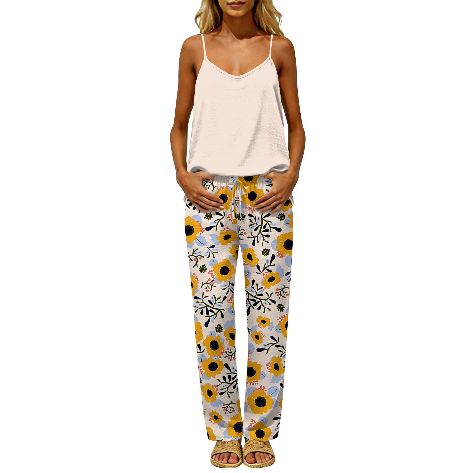 Women s Two Piece Set Sleeveless Pullover Top with Back Cutout Elastic Waistband Long Pants Floral Print Casual Loungewear XXL