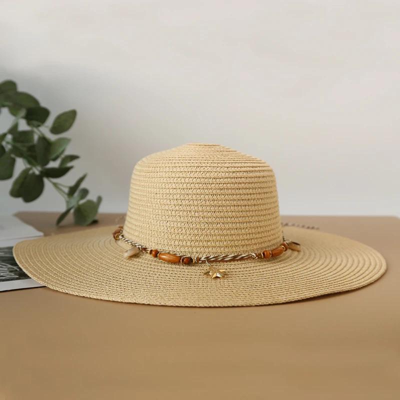 

Summer Shell Strap Straw Hat Beach Korean Seaside Large Brim Outdoor Sun Protection Sun Hat Bohemia Vacation Foldable Straw Hat brim 11cm бежевий
