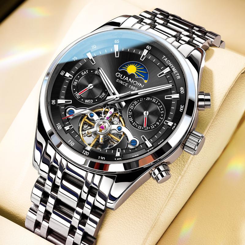 GUANQIN Men's Watches Luxury Fashion Fine Steel Original Automatic Mechanical Wristwatch Waterproof Luminous Moon Phase Calendar