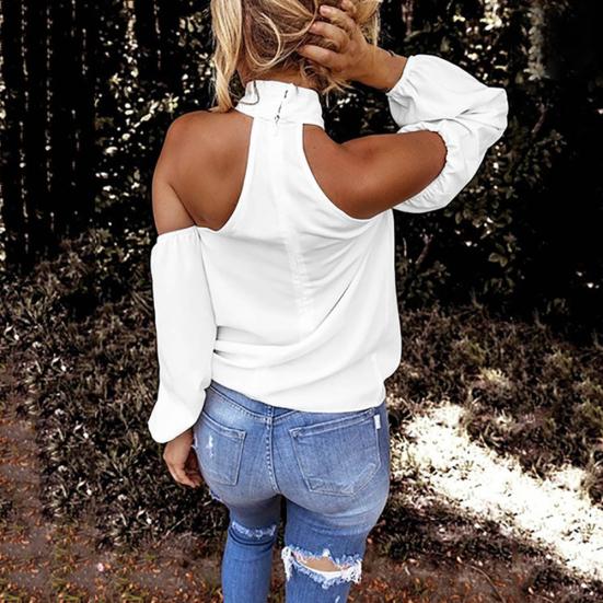 Women Solid Color Long Sleeve Sexy Halter Off Shoulder Back Zipper Blouse Top