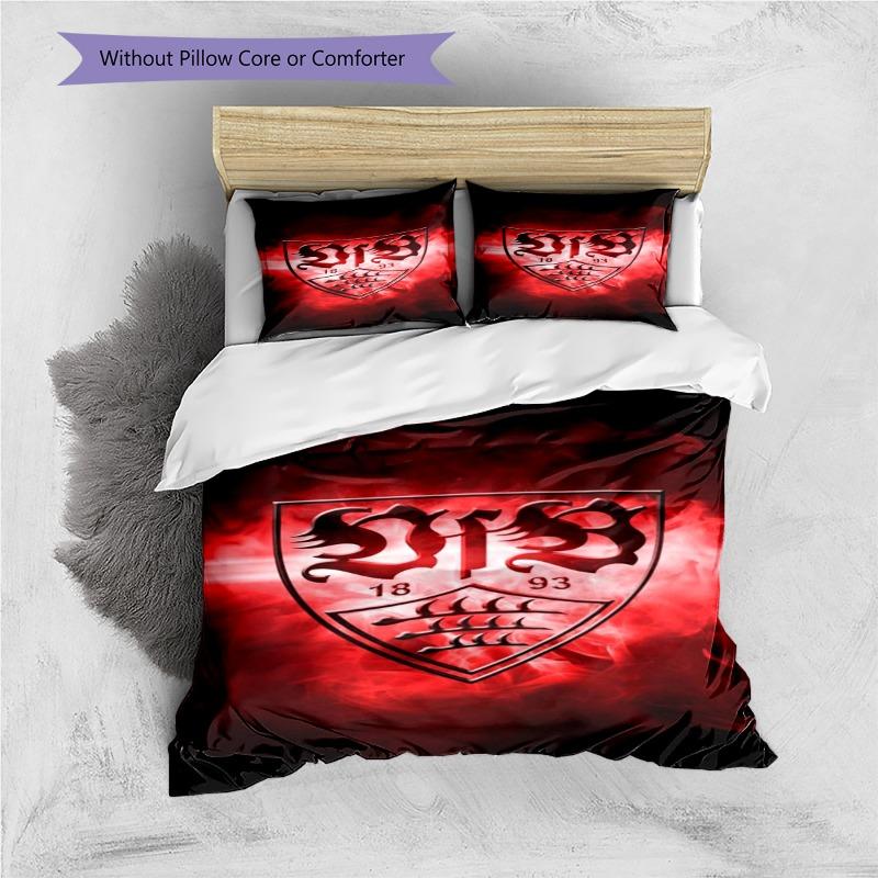 VfB Stuttgart Club Crest Red Smoke Print 3‑Pieces Duvet Cover Set German Soccer Fan Bedding Bedroom Home Decor Without Pillow Core Comforter