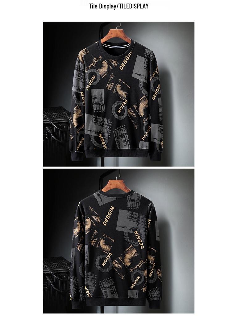 Plus Size Men's Crew Neck Sweatshirt - Loose Fit, Trendy Print for Spring & Autumn