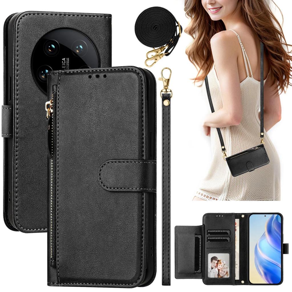 Crossbody Zipper Cards Solt Leather Wallet Case For Xiaomi Redmi Note 13 Pro Plus 12 11 POCO X6 14T 14C Lanyard Strap Bag Cover