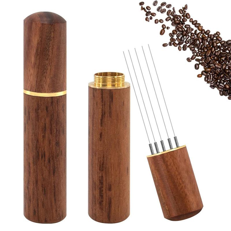 Stainless Steel 6-pin Espresso Distribution Tool Coffee Distributor Espresso Stirrer with Walnut Handle Replaceable Needles