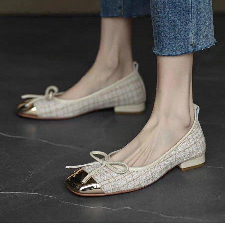 Bow Shallow Mouth Single Shoes Women's Spring and Summer 2025 New Ballet Shoes Soft Sole Metal Flat Shoes Women's Single Shoes