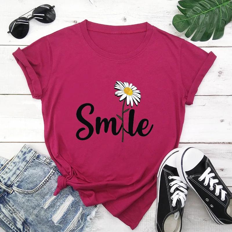 Women T Shirt Smile Daisy Print Tshirt Women Short Sleeve O Neck Loose T-shirt Ladies Summer Causal Tee Shirt Clothes