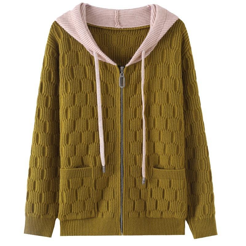 QICED Hooded Sweater Women's Coat Autumn and Winter Fashion Zipper Knit Cardigan Women with Soft Waxy Top