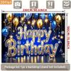 2D Blue Gold Happy Birthday Backdrop, Glitter Balloon Photography Background for Party