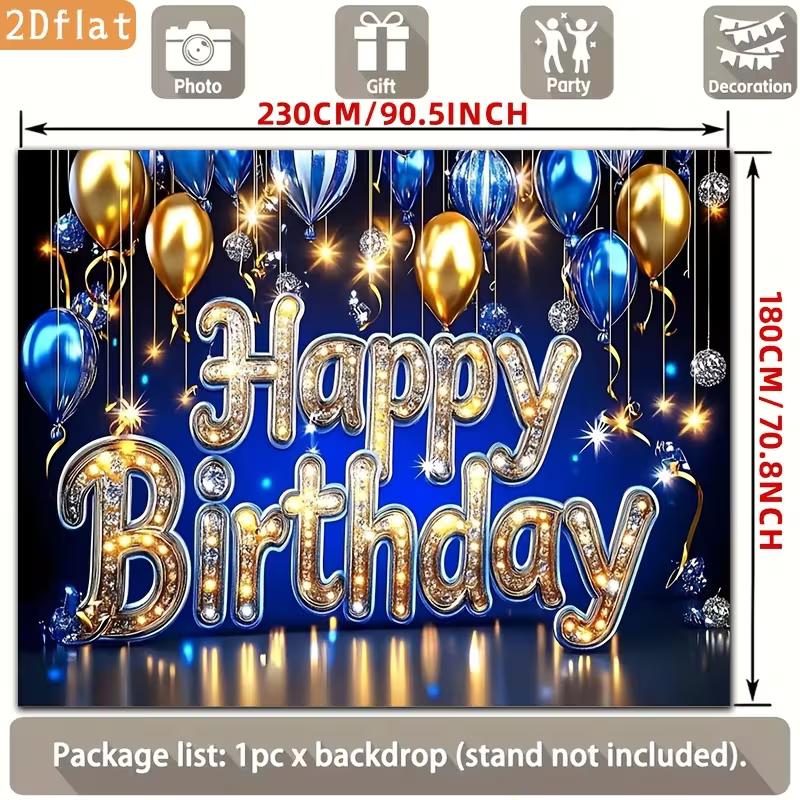 2D Blue Gold Happy Birthday Backdrop, Glitter Balloon Photography Background for Party