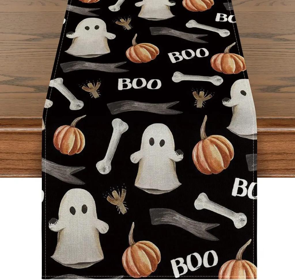 Linen Halloween Table Runner Pumpkin Spider Web Skull Dining Table Decoration Scary Table Cover For Halloween Dinner Party Decor