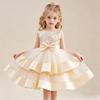 Girls' New Style Double Layer Mesh Lace Bow Party Evening Dress Princess Performance Outfit