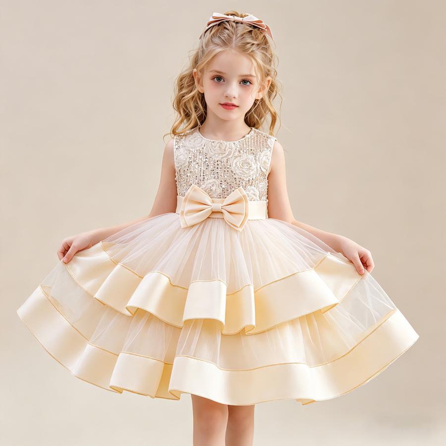 Girls' New Style Double Layer Mesh Lace Bow Party Evening Dress Princess Performance Outfit