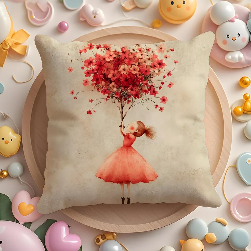 The girl is holding flowers Cushion Cover Short Plush DoubleSided Printing Home Machine Washable in Warm Winter Pillow Cover