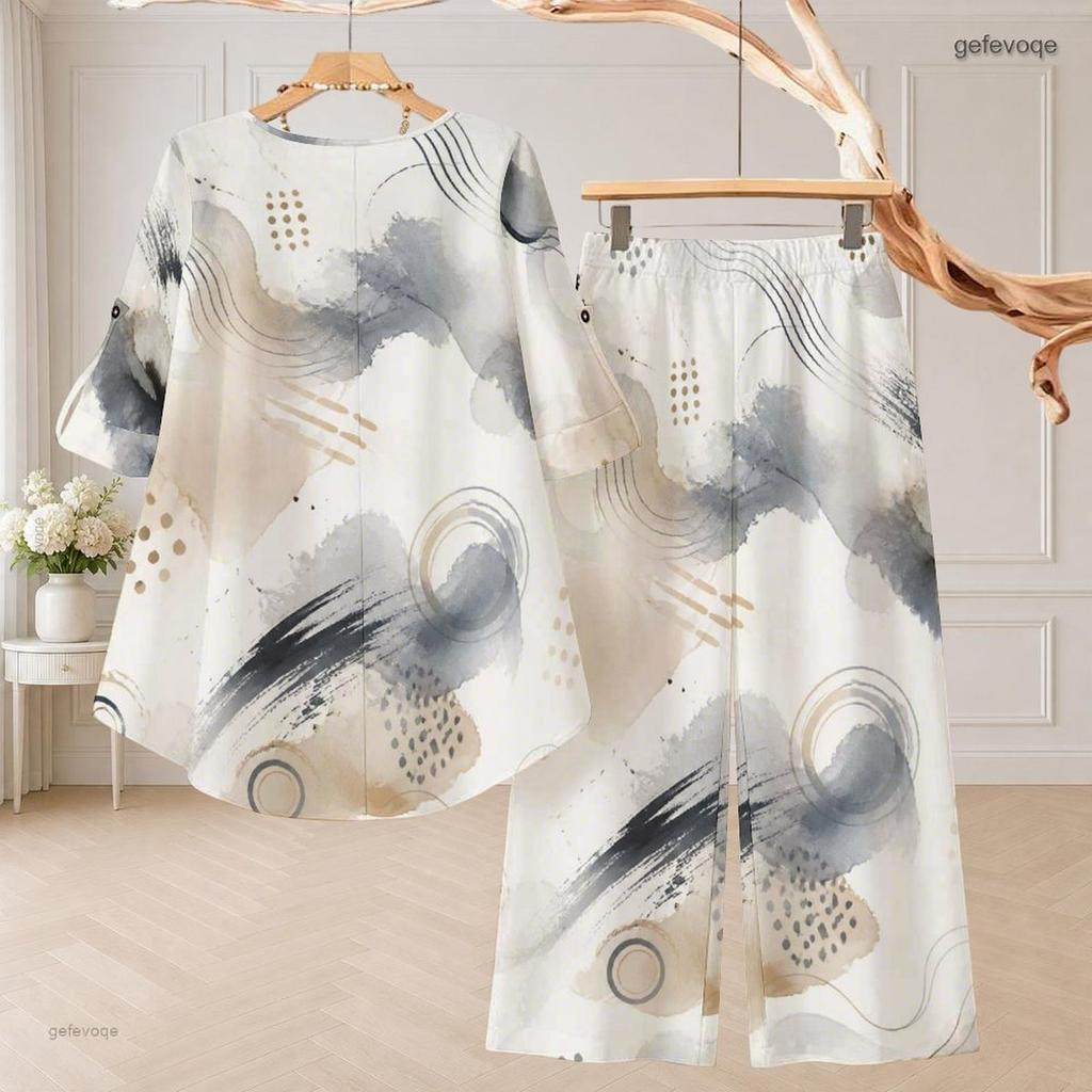 Women Plus Size Printed Two Piece Pants Set Round Neck Half Sleeve High Low Top Long Pants