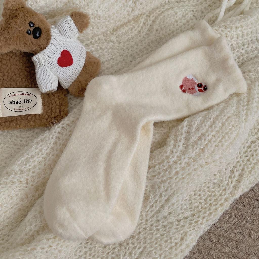 Australian Fleece Socks Winter Women'S Warm Heat Storage Plush Thickened Home Cute Mid-Leg Socks Embroidered Goose Feather Socks