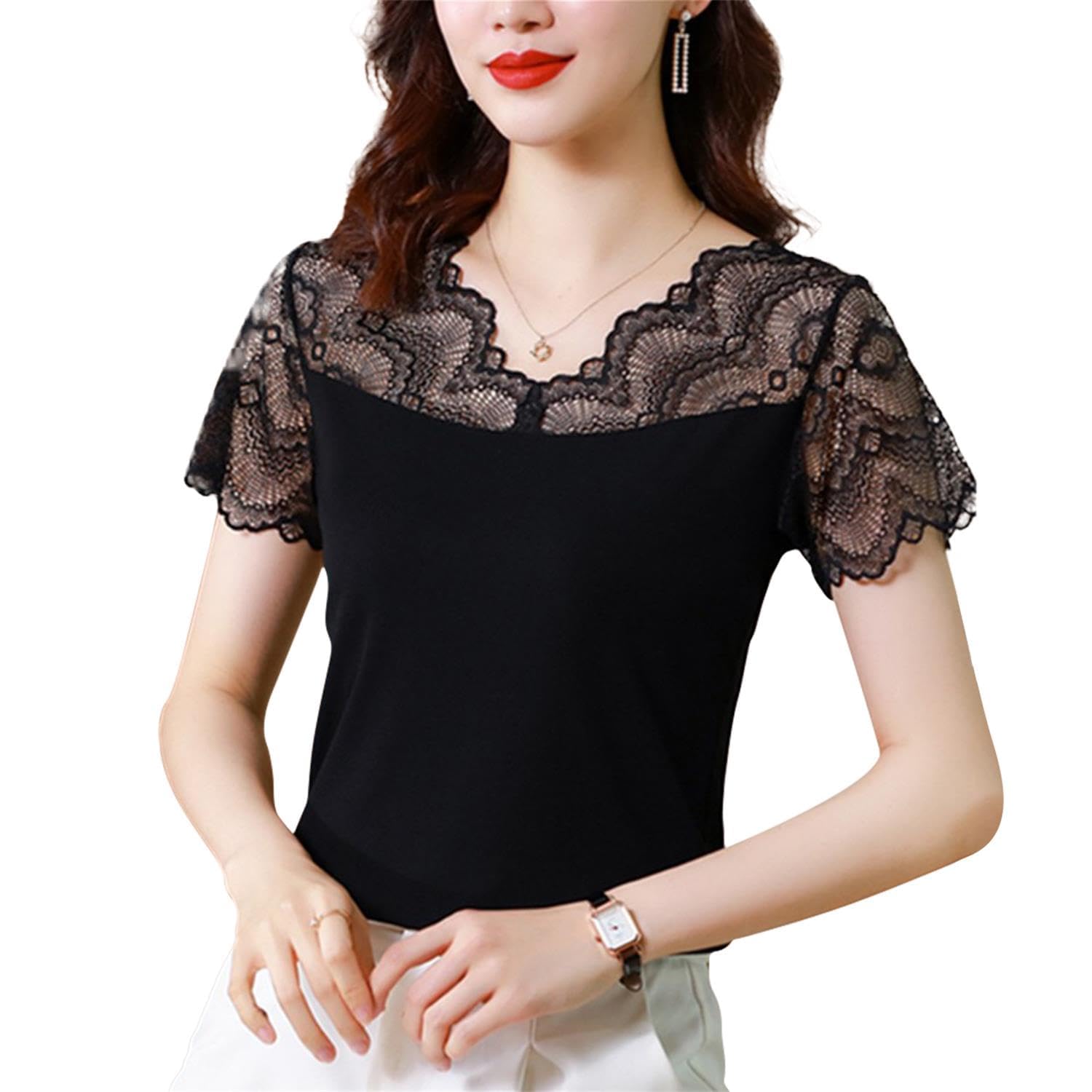 

[SYitong] Embroidered Lace Top for Women, Black, Summer, Short Sleeve Blouse, Slimming Effect, Stylish, Elegant, Sexy, Sophisticated, Perfect for Date