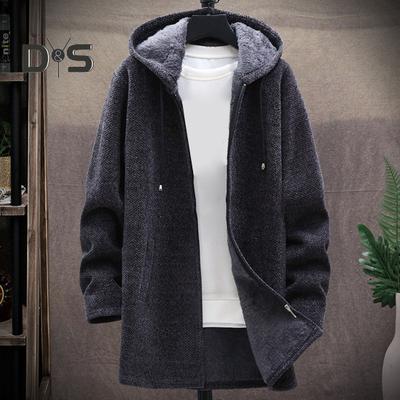 Men Winter Coat Hooded Drawstring Long Sleeve Plush Lining Mid-length Knitting Coat Zipper Placket Thickened Knitwear