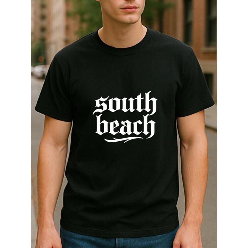 

European sizes South Beach Letter Print, Men s Wear, Patterned Printed Round-neck T-shir 4XL чорний